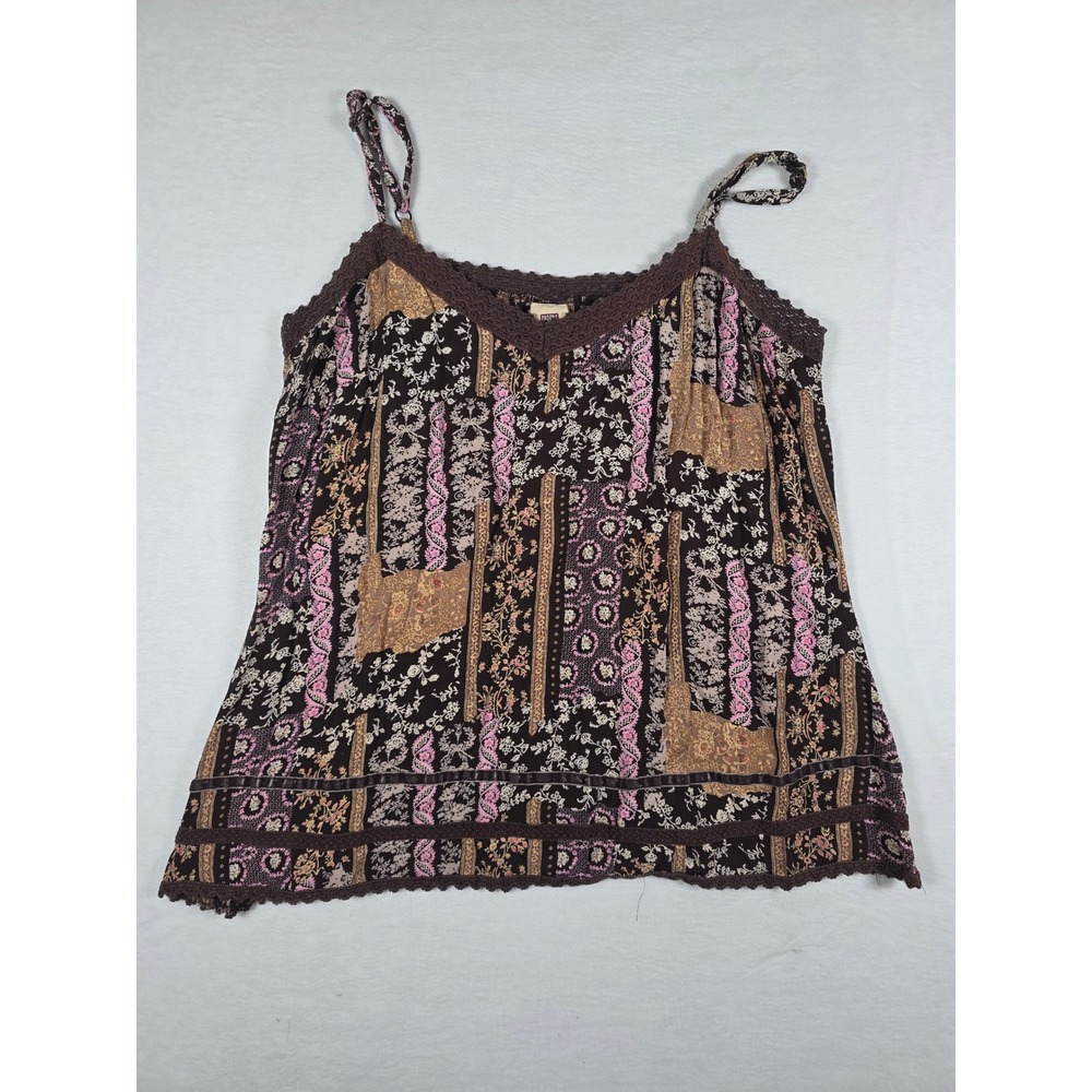 Y2K Faded Glory Floral Cami Tank Patchwork Crochet Large 12/14 Brown Pink Boho